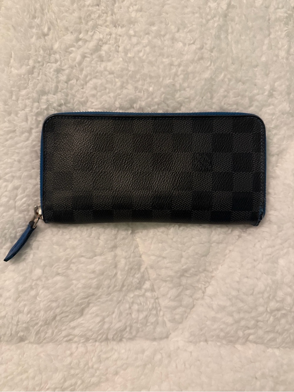 Louis Vuitton Graphite Damier Canvas Zippy Wallet with blue interior.